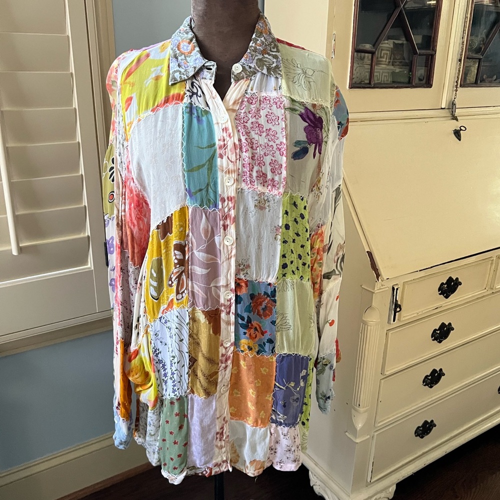 Sacred Threads Multicolor Patchwork Button Down S… - image 1